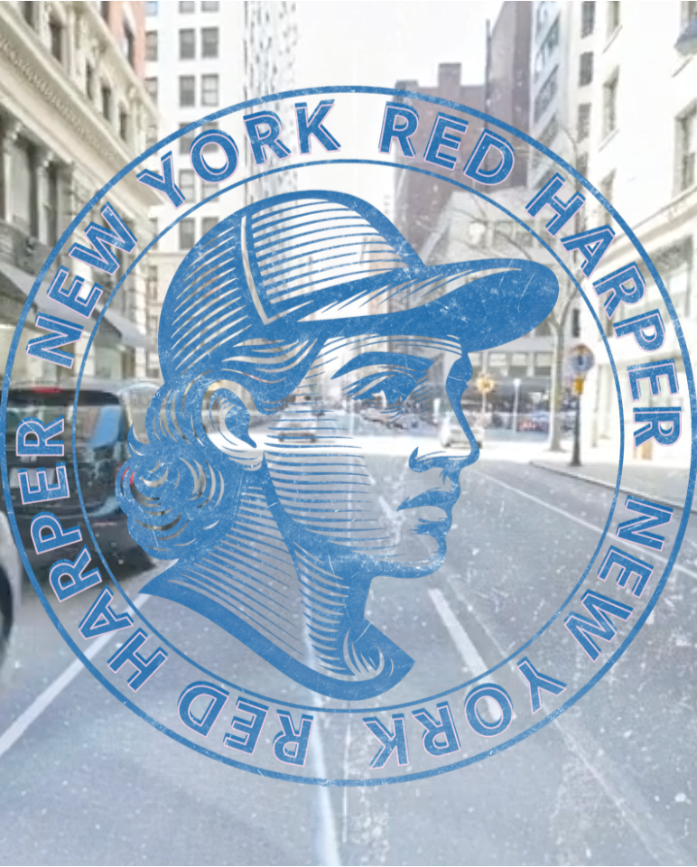 Vintage-style blue illustration of a person wearing a cap inside a circular “Red Harper New York” logo, overlaid on a blurred New York street scene with buildings, cars, and a slightly distressed texture.
