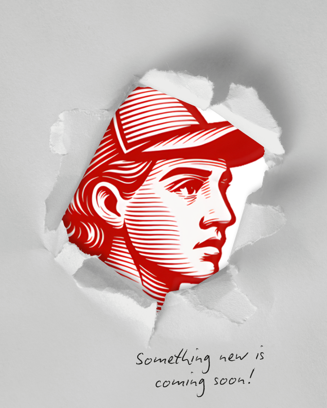Torn white paper revealing a red patterned surface beneath, partially covered by a soft pink gradient rectangle, with handwritten text below reading “Something new is coming soon!”