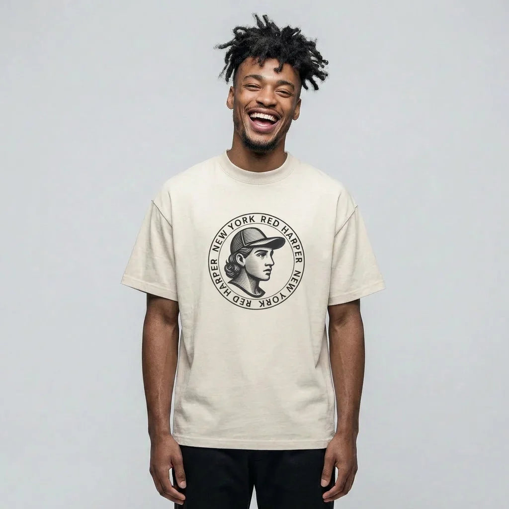 Person standing against a plain light background wearing a beige T-shirt with a circular “New York Red Harper” graphic logo on the chest.